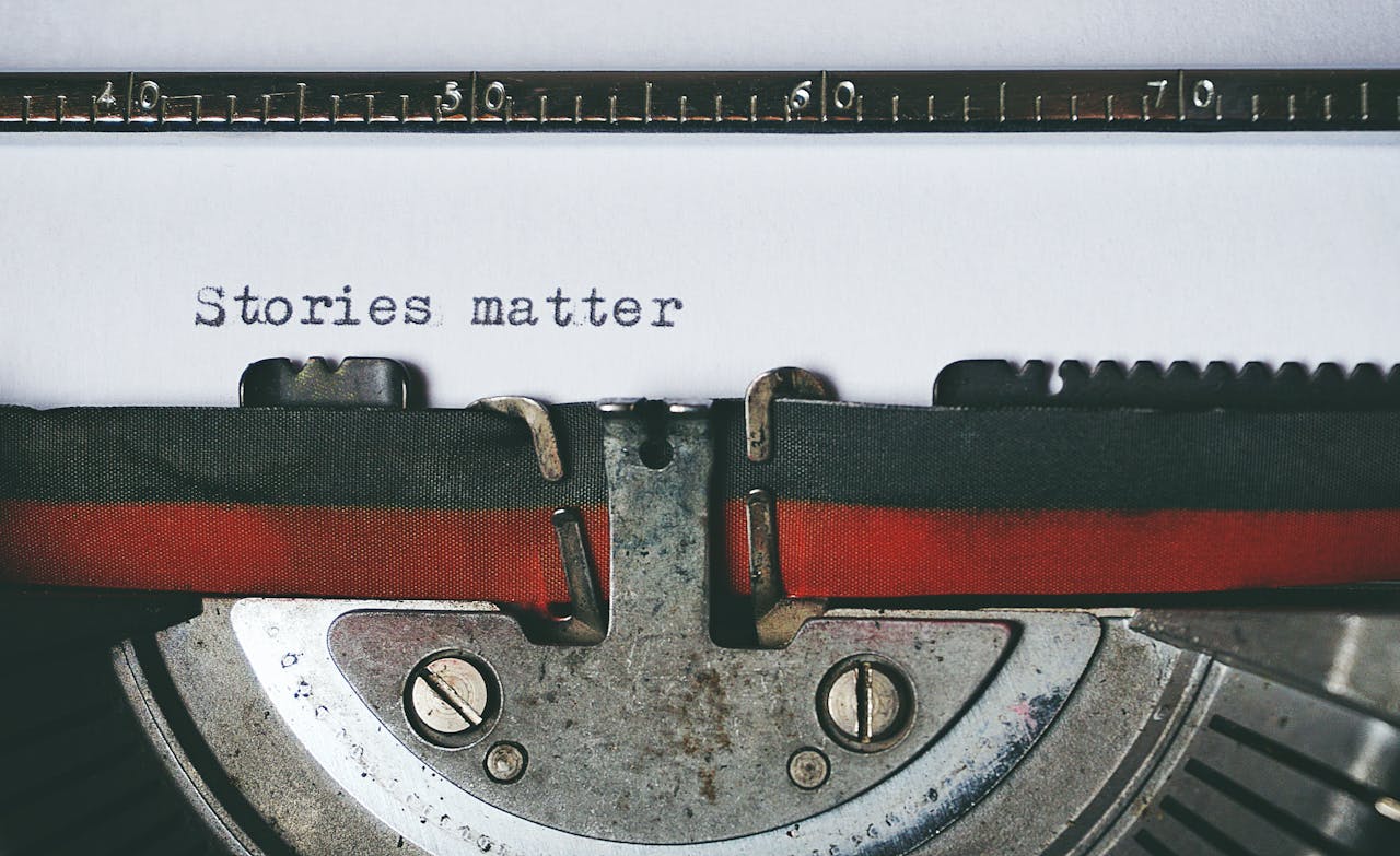 Close-up of a vintage typewriter with the text 