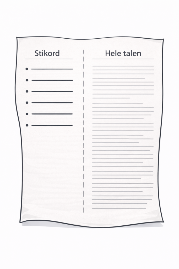 Et ark opdelt i to kolonner. Den venstre kolonne, mærket Stikord, har fem punkter med vandrette linjer - perfekt til gode råd til at hjælpe med at skrive en fortælling. Den højre kolonne, mærket Hele talen, indeholder mange linjer med tekst.