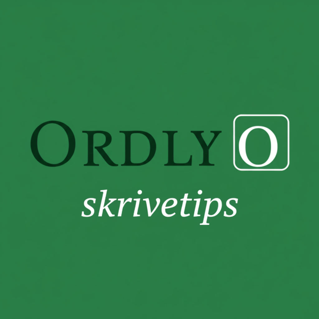 Grøn baggrund med ordet "OrdlyO" i store, fede bogstaver, med det andet O inde i en firkant. Under det står "skrivetips" med mindre, kursiv skrift.