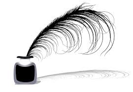 En sort fjerpen er placeret i en blækflaske, og dens lange, spinkle tråde breder sig ud og venter på inspiration til at skrive og bedre digt på den enkle, hvide baggrund.